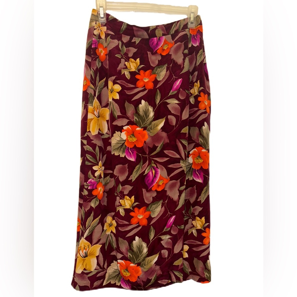 Jennifer Moore Silk Vintage Purple Floral Faux Wrap Midi Skirt Size 8 petite